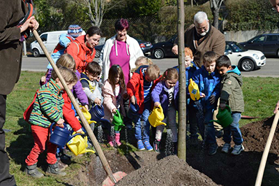 Gruppe von Kleinkindern gießen einen gepflanzten Baum